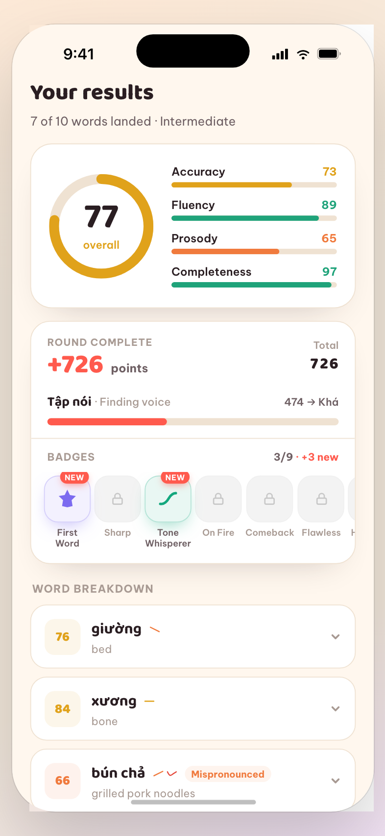 Progress: overall score, accuracy/fluency/prosody, points, level and badges