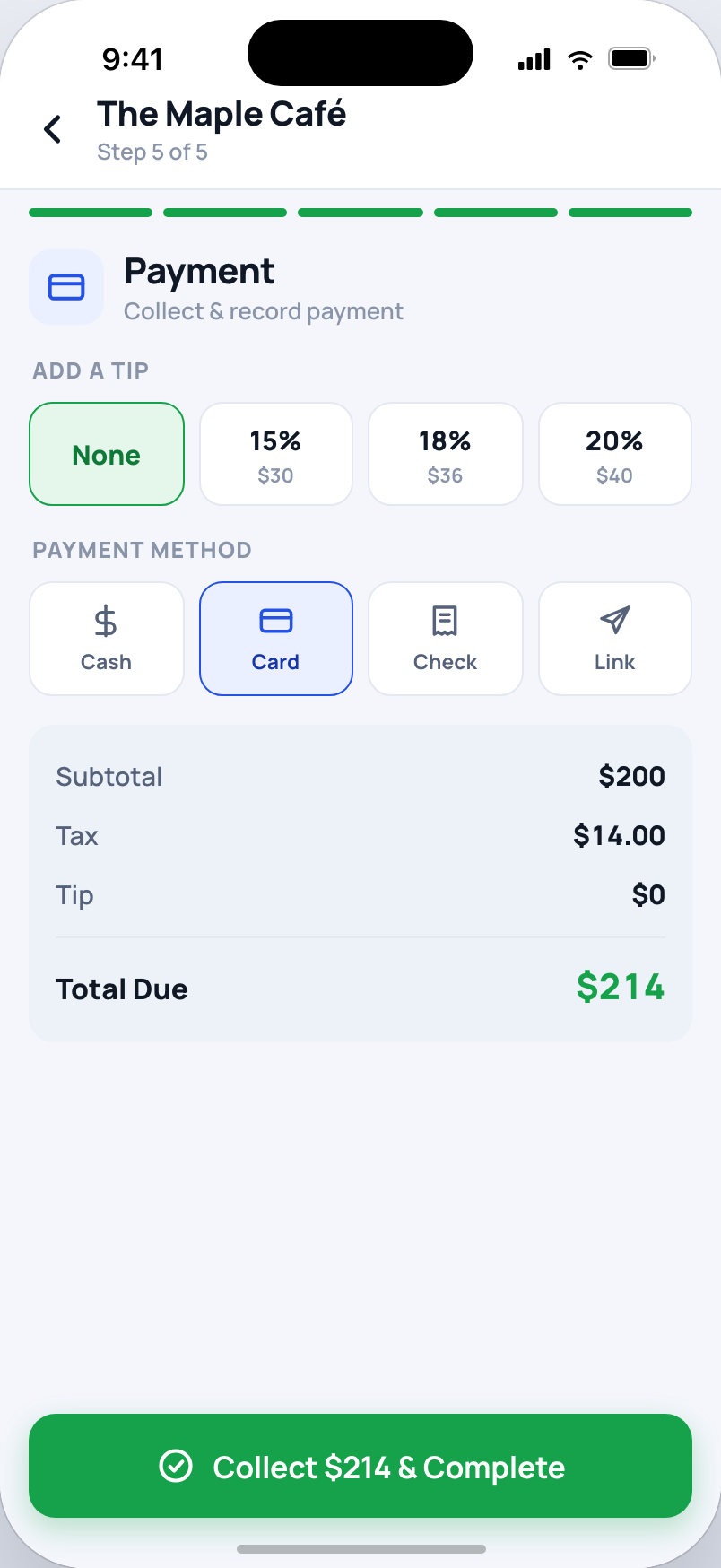 Job completion step 5 of 5: tip presets and cash/card/check/pay-link payment, total due shown