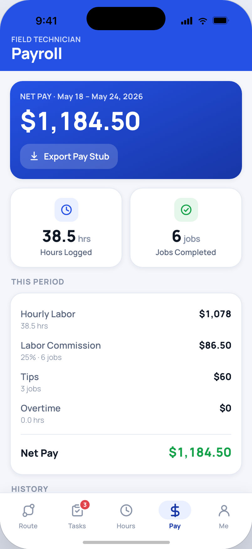 Payroll: net pay with hourly, labor-commission and tips breakdown, and pay-stub history