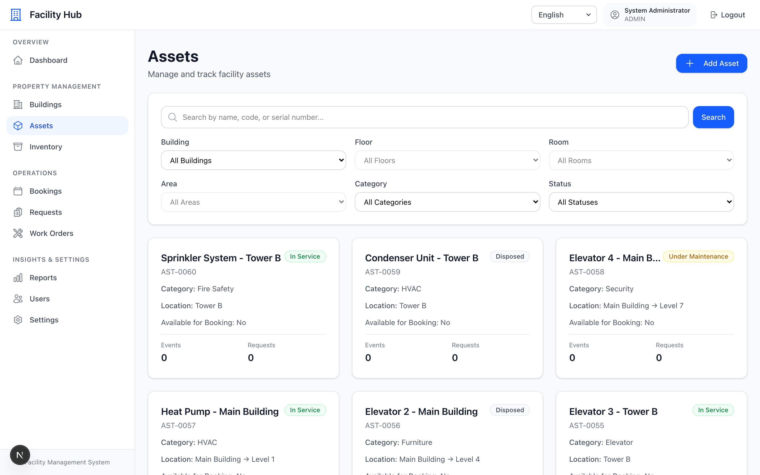 Physical asset register with categories.