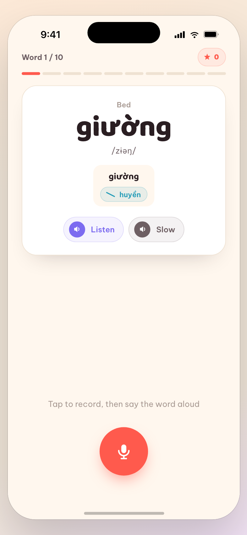 Practice screen: listen to a word, see its tones, and record yourself
