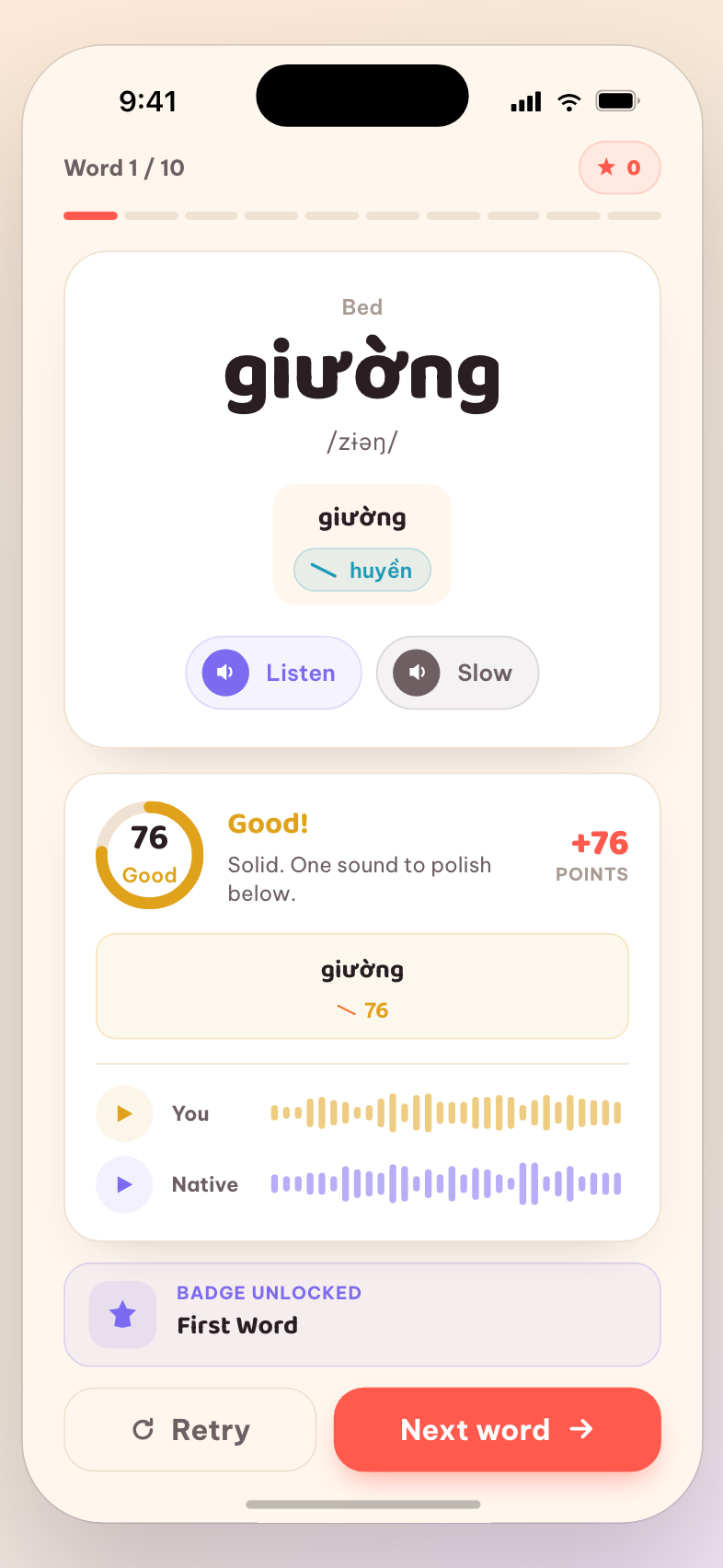 Instant feedback: pronunciation score, per-syllable results, your-vs-native waveforms