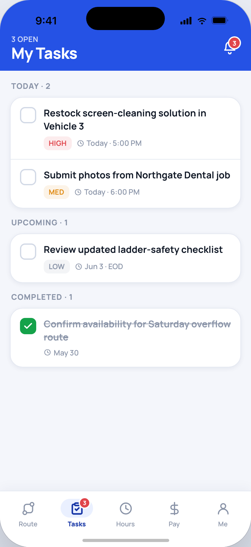 My Tasks: office- and crew-assigned tasks grouped Today / Upcoming / Completed with priority