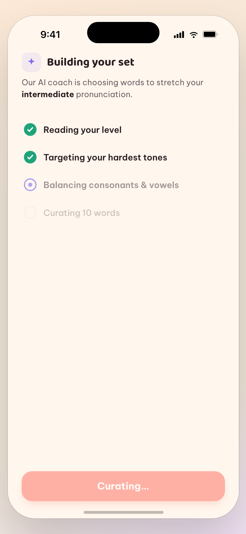 AI coach curating a personalized 10-word set for the learner’s level