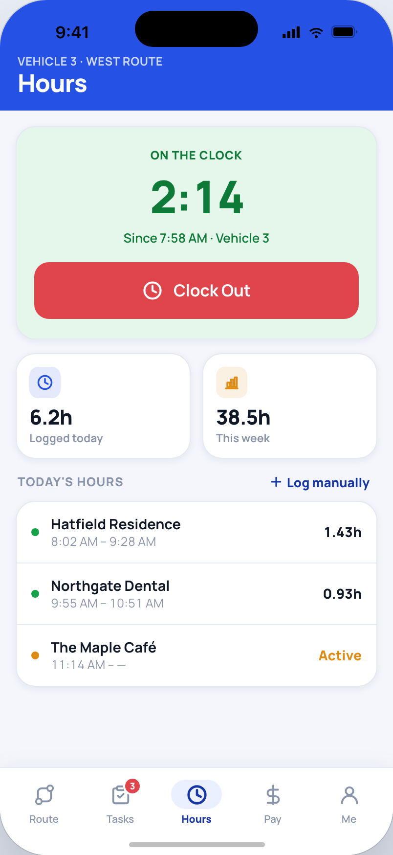 Hours tab: live on-the-clock timer with per-job time segments for the day