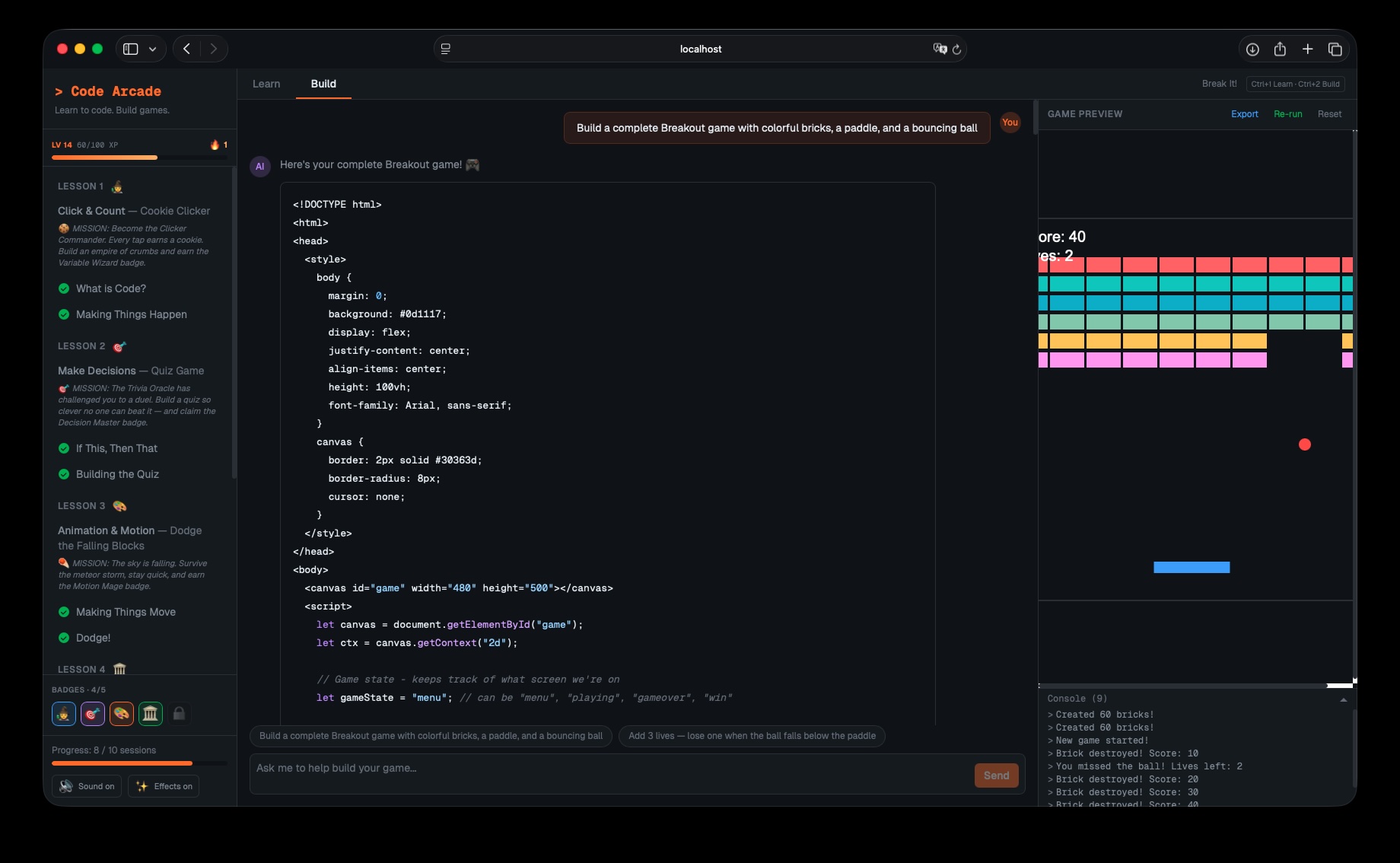 Code Quest Build tab: the AI teammate generates a Breakout game shown running in the live preview.
