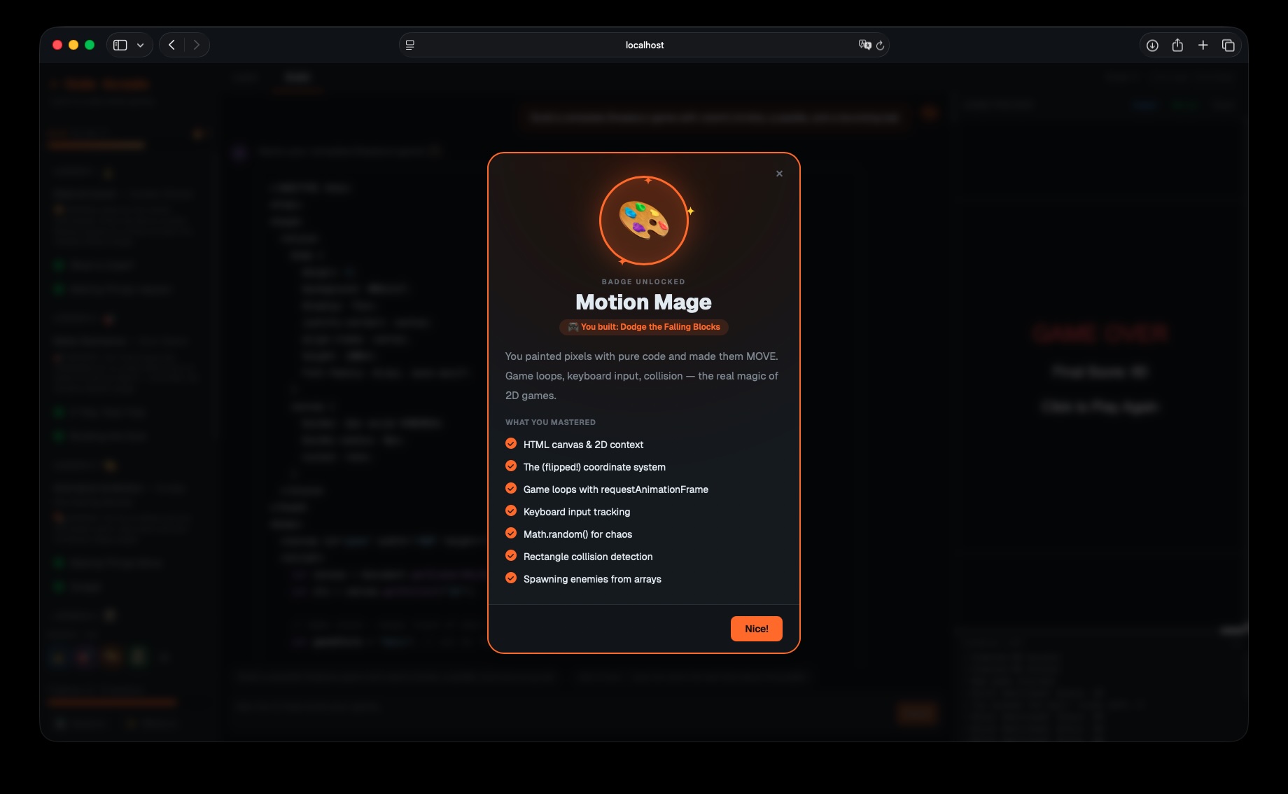 Code Quest badge-unlocked screen awarding the Motion Mage badge for building a game.