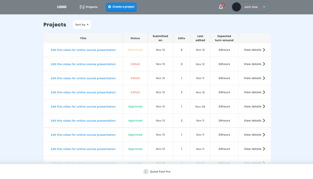 QuickPost Pro projects list