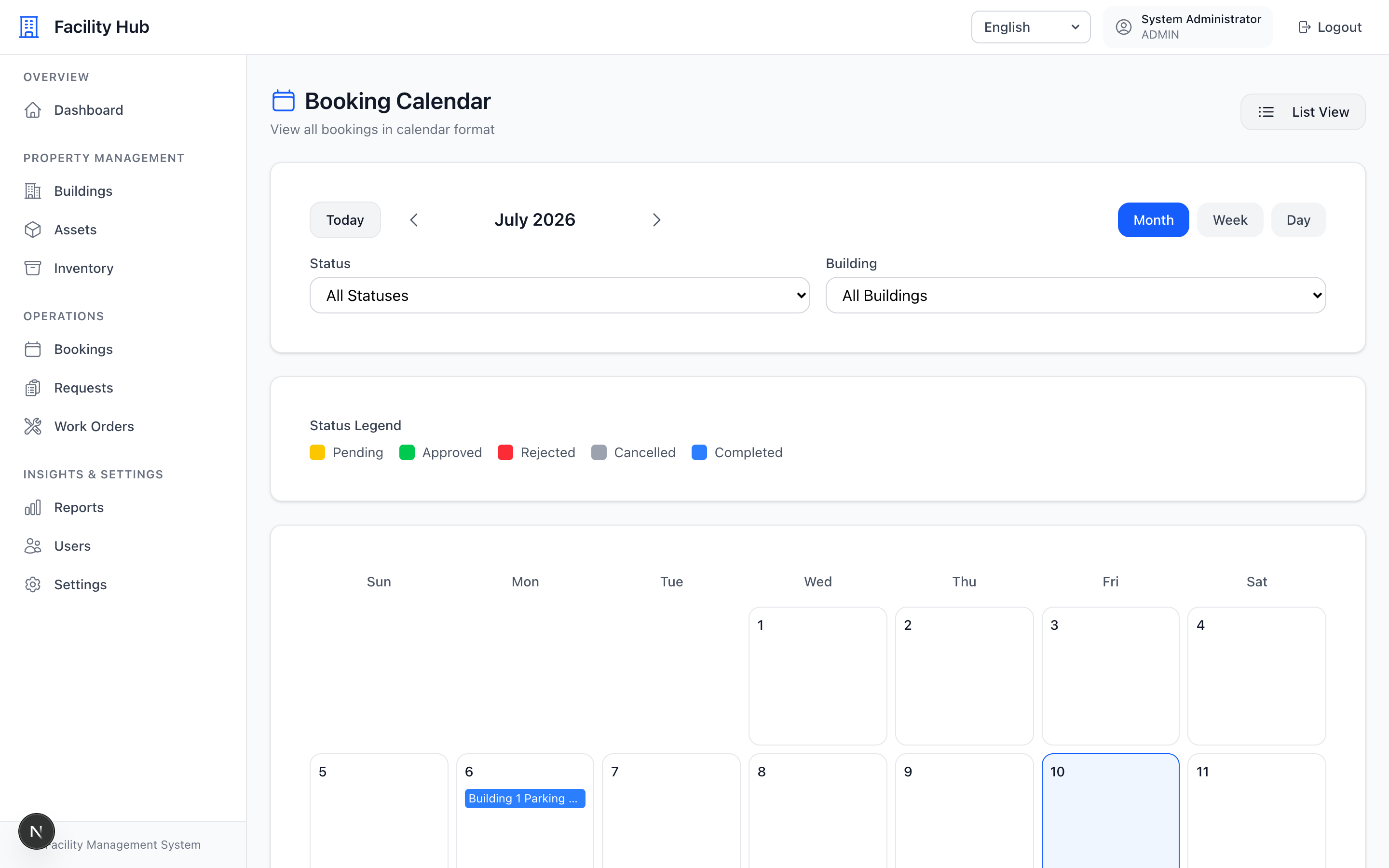 Space and item booking calendar.