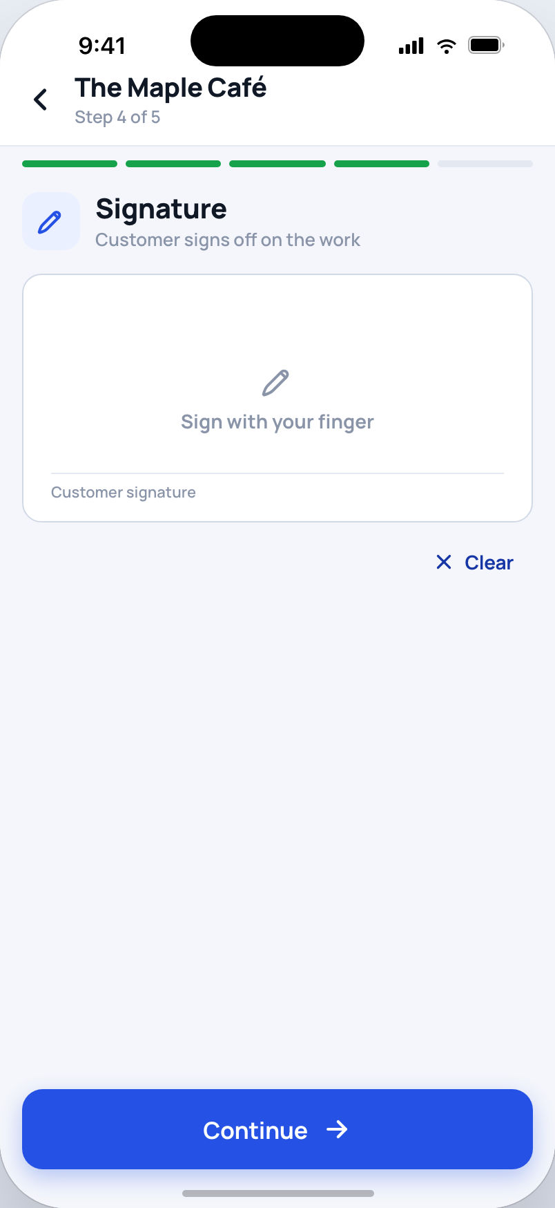 Job completion step 4 of 5: customer finger-signature capture