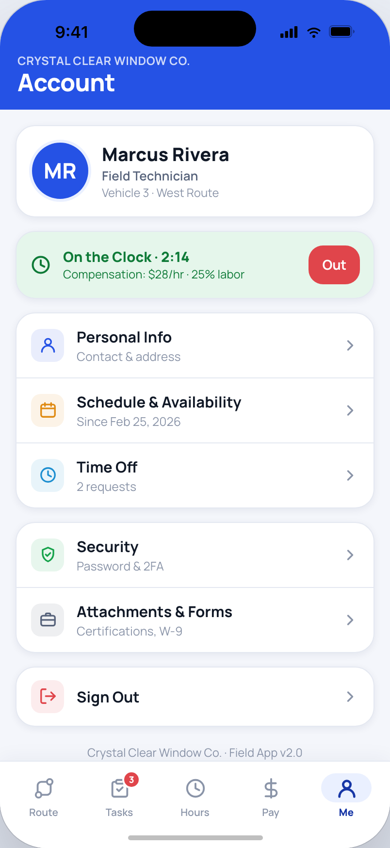 Account hub: profile, schedule, time off and security, with on-the-clock status