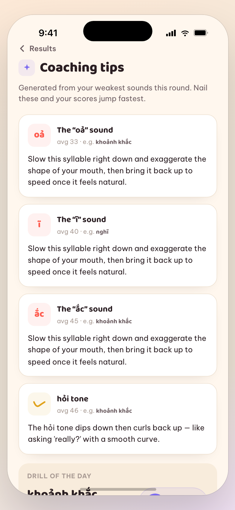 Targeted coaching tips generated from the learner’s weakest sounds