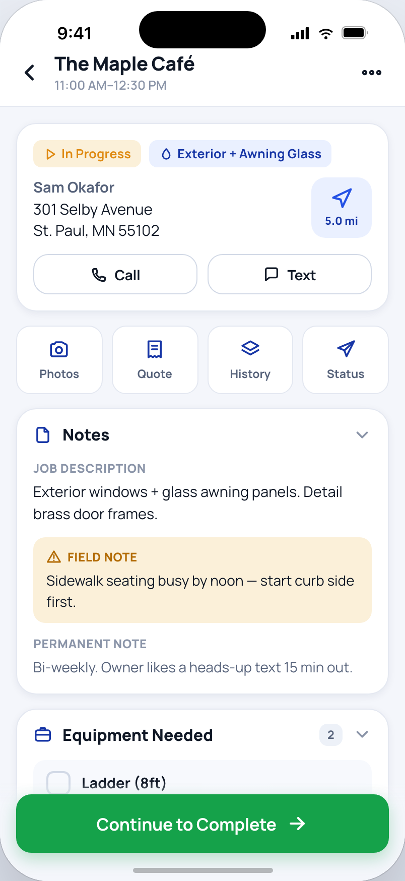 Job screen: contact, navigate/call/text, quick actions, job notes, field note and an equipment checklist